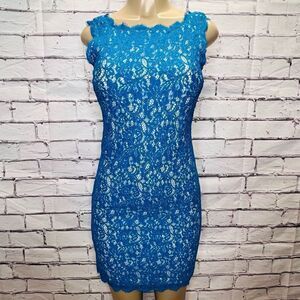 Adrianna Papell Womens Blue Lace Overlay Sleeveless Sheath Dress Size 4